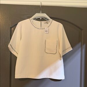 LOFT Cream Short Sleeve Top with Rhinestone Trim